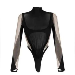 MUGLER Panelled Long Sleeve Illusion Mesh Cut Out Bodysuit Top, Size 44. $975